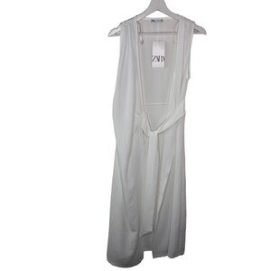New Zara Sleeveless Belted Long Cardigan White